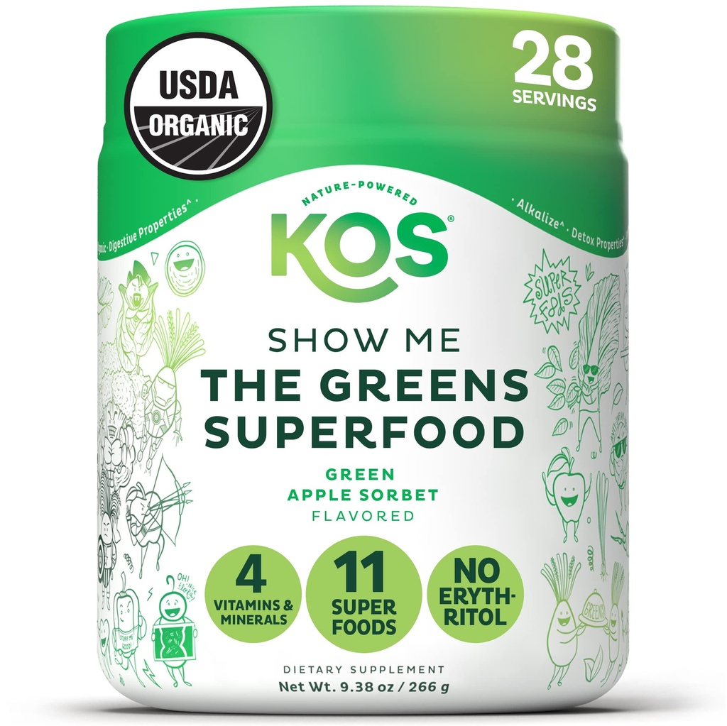 KOS Organic Super Greens Powder Erythritol Free - Plant Based Superfood Blend with Spirulina, Chlorella & Wheatgrass - USDA Certified Organic, Green Juice Smoothie - Apple Flavor - 28 Services