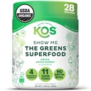 KOS Organic Super Greens Powder Erythritol Free - Plant Based Superfood Blend with Spirulina, Chlorella & Wheatgrass - USDA Certified Organic, Green Juice Smoothie - Apple Flavor - 28 Services