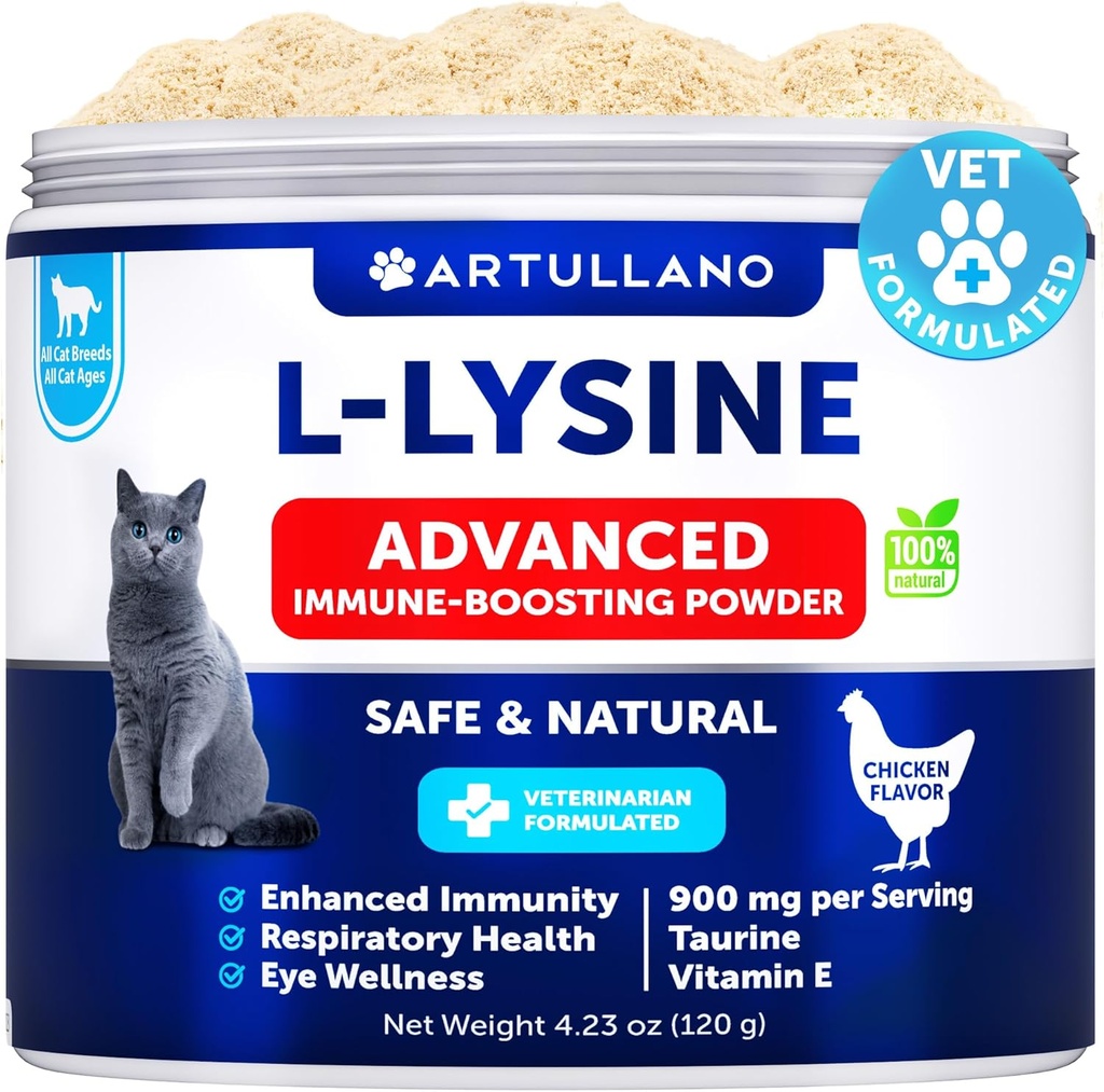 L-Lysine untuk Tambahan Bubuk Lysine - 900mg / service - Dukungan Ammune untuk Kucing & Kittens - Sneezing, Runny Nose, Squinting, Mata Mata Mata, Mata Dingin, Fungsi Mata, Kesehatan Repiratory - dengan Taurine