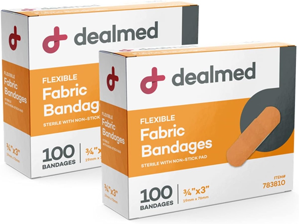 Dealmed Fabric Flexible Adhesive Bandages - 100 Cacah (2 Paket) Bandar dengan Non- Stick Pad, Latex Free, Wound Care for First Aid Kit, 3 "x 3 / 4"