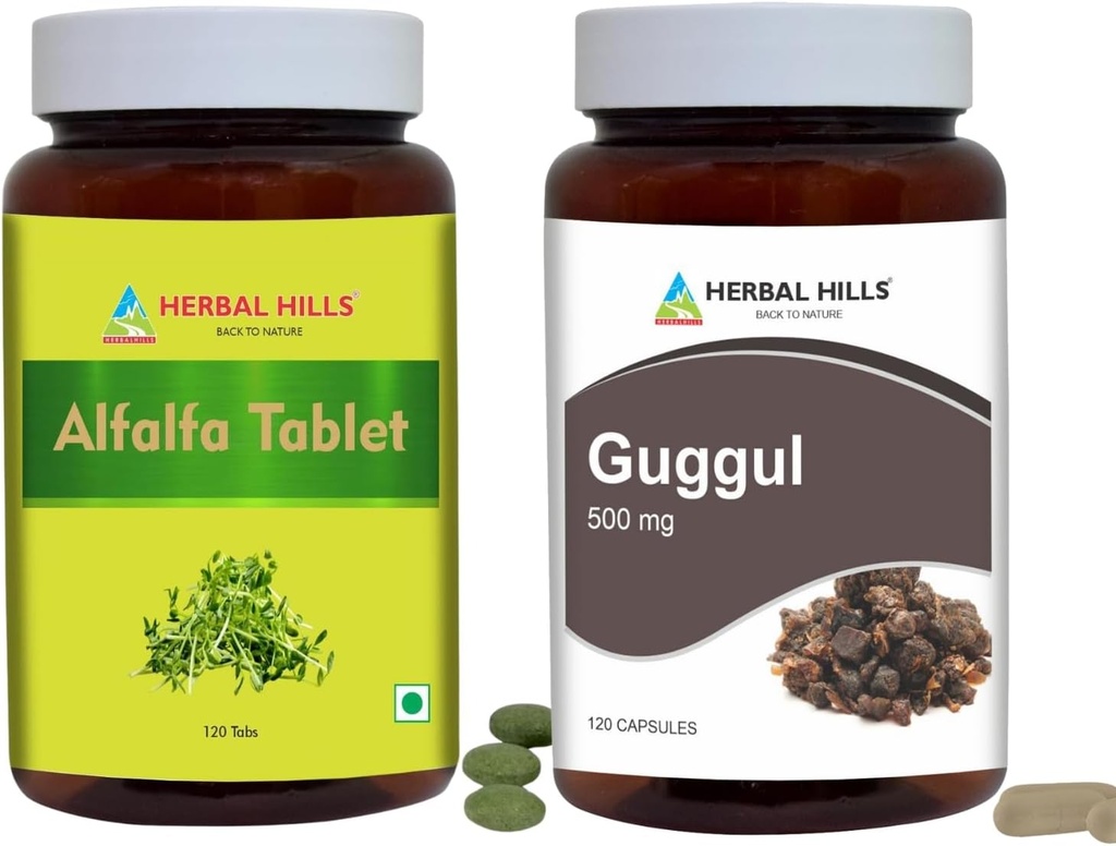 HERBAL HILLS Alfalfa Tablet dan Guggul Capsules Guggulu Pack dari 2 Combo