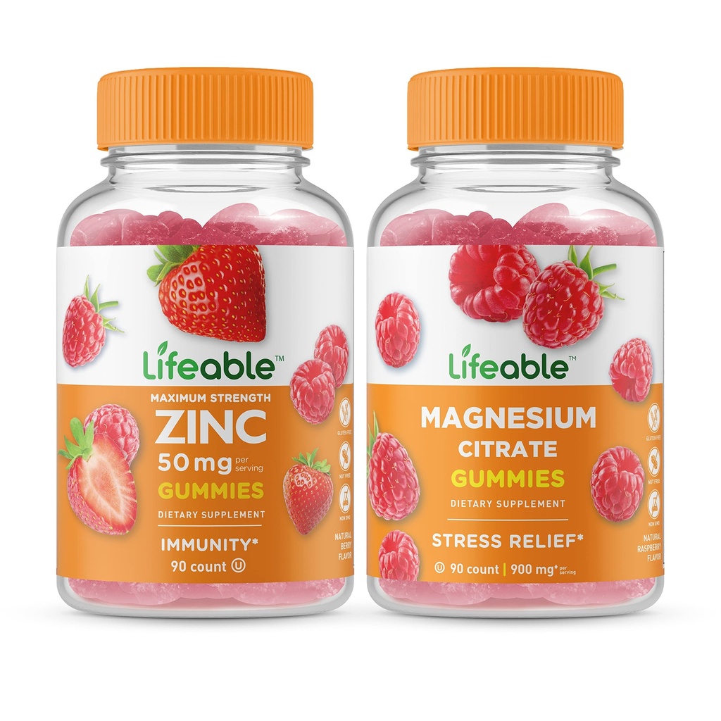 Zinc Lifeable 50mg + Magnesium, Gummies Bundle - Great Tasting, Vitamin Suplement, Gluten Free, GMO Free, Chewable Gummy