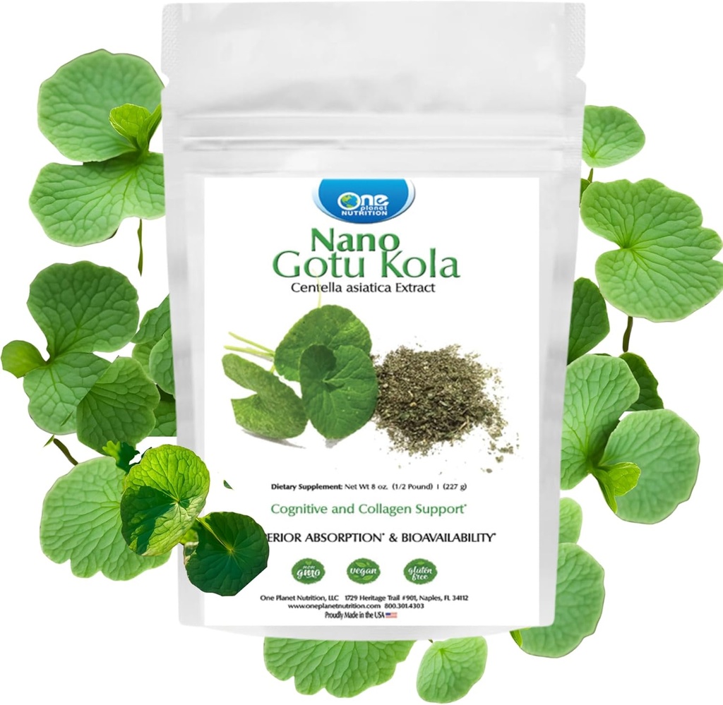 Satu Planet Nano Gotu Kola Powder 8 oz (227 Hamba), Gotu Kola Ekstrak, Nano untuk Enhanced Absorpsi, Enhances Brain Fungsi & Collagen Synthesis, Non-GMO, Vegan, Gluten- Bebas