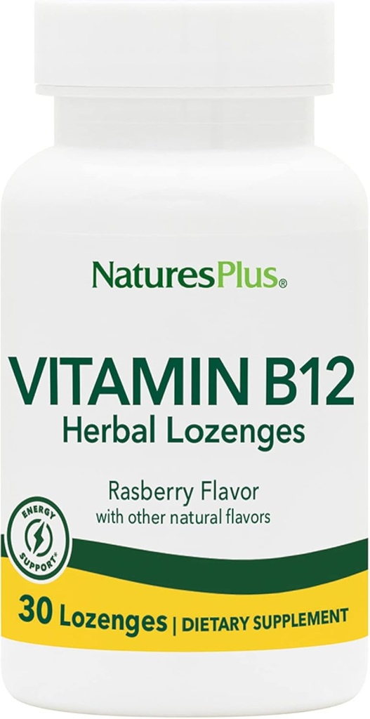 Natures Plus B12 Herbal Lozenges (Methylcobalamin) - 1000 mcg, 30 Sublingual Lozenges - Raspberry - Maksimum Absorpsi Red Blood Cell - Energy Booster - Vegetarian, Gluten- Free - 30 Servings