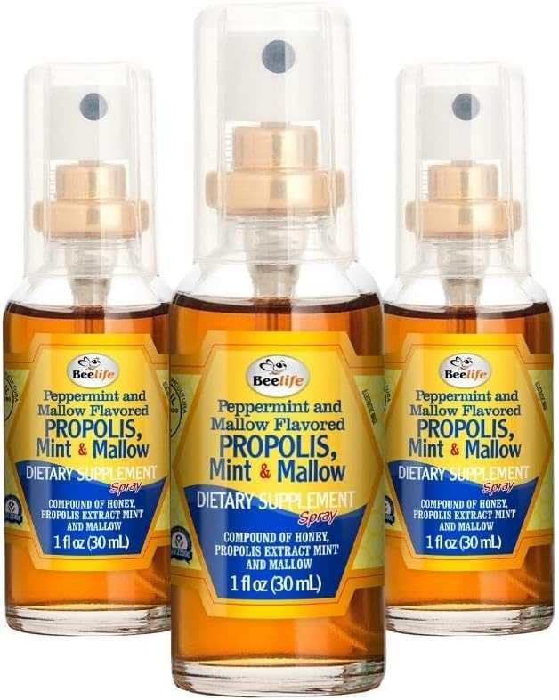 Beelife Propolis Throat Spray - Soothing Honey, Mint & Malva Propolis Spray - Natural Ammune Support & Sore Throat Relief - Bee Propolis - Antioxidants, Flavonoid & Artepilin C, Gluten- Free - 3- Pack