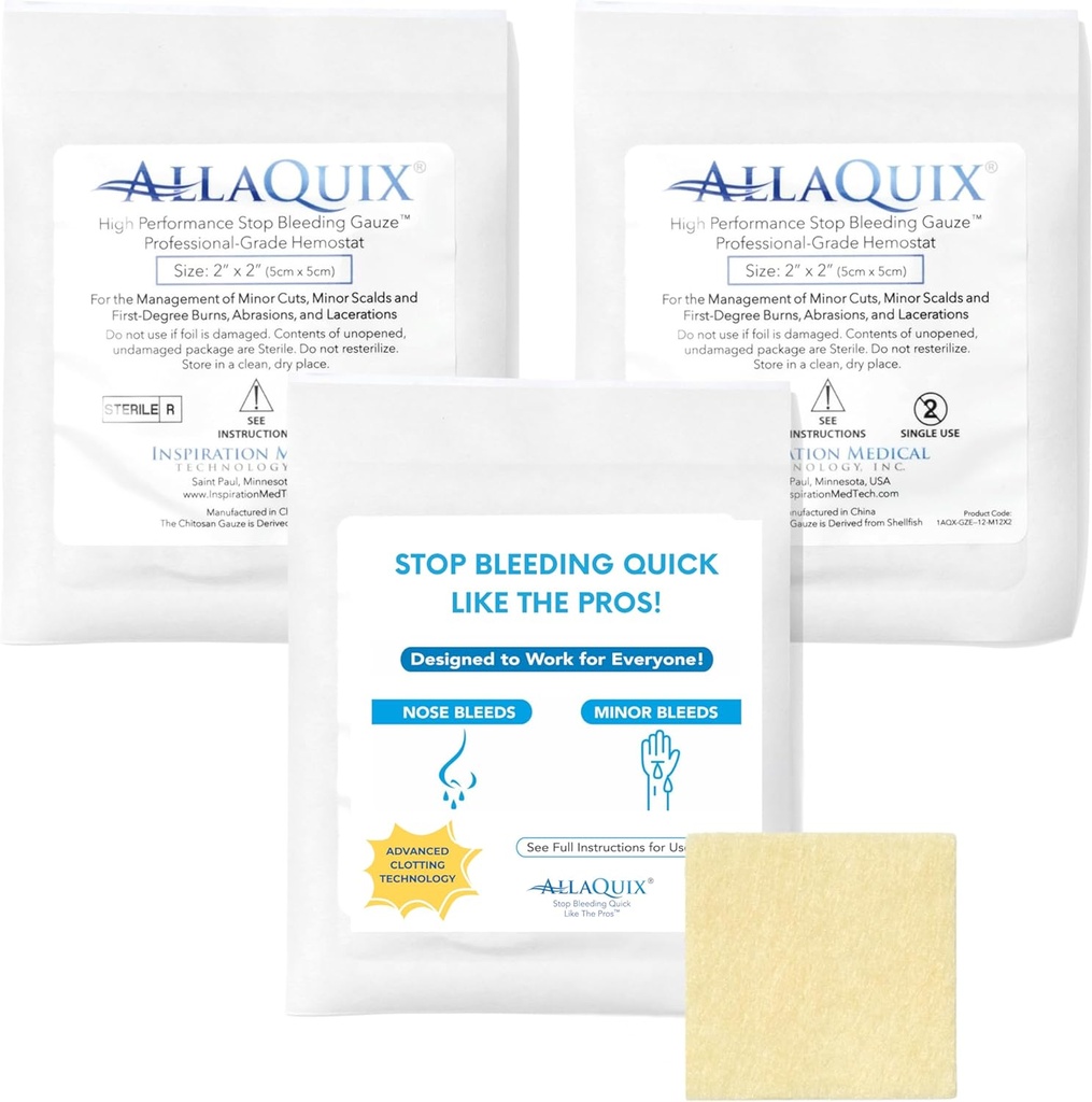 High Performance Stop Bleeding Gauze Pads - 3- Sterile (2 "x2"): 124; Hemostatic Wound Dressing for Cuts & First Aid Kits 124; Sterile, Drug-Free, Fast Clotting Pads