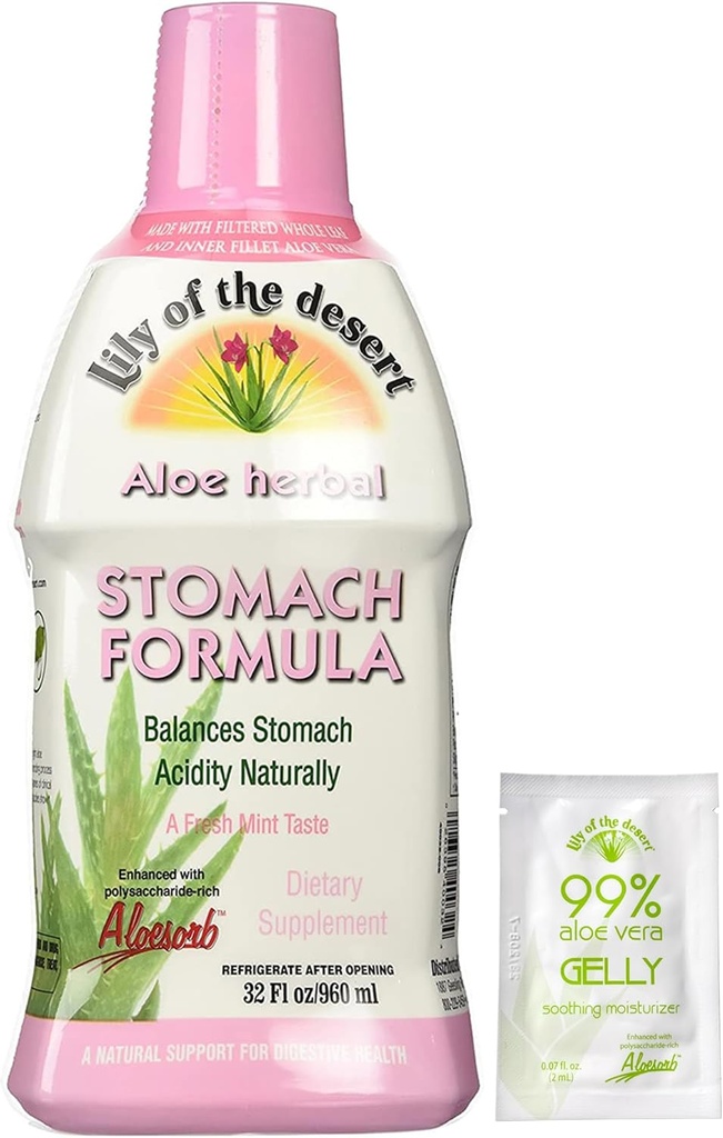 Lily of The Desert Stomach Formula, Organic Aloe Vera Juice dengan Slippery Elm, Chamomile, Peppermint, dan Ginger for Gut Health, Acid Reflux, Heartburn Relief, 32 Oz, Gelly Sachet disertakan.