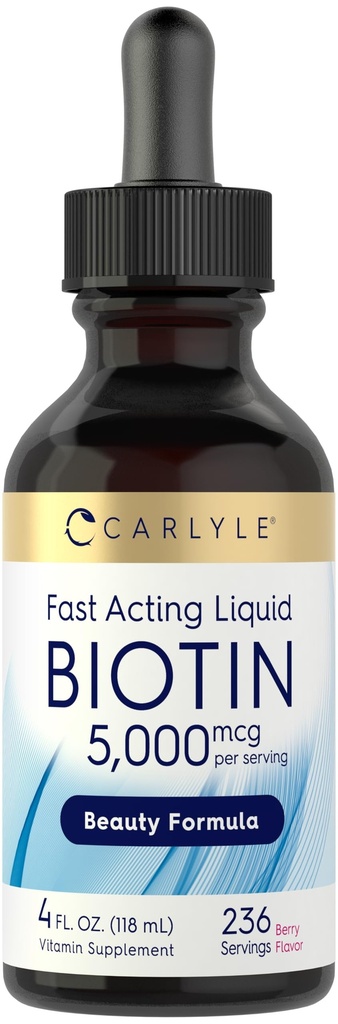 Carlyle Biotin 5000mcg Liquid Drops 124; 4 ifl oz 124; for Women and Men 124; Berry Flavor 124; Beauty Formula 124la Vegetarian, Non-GMO & Gluten Free Supplemen