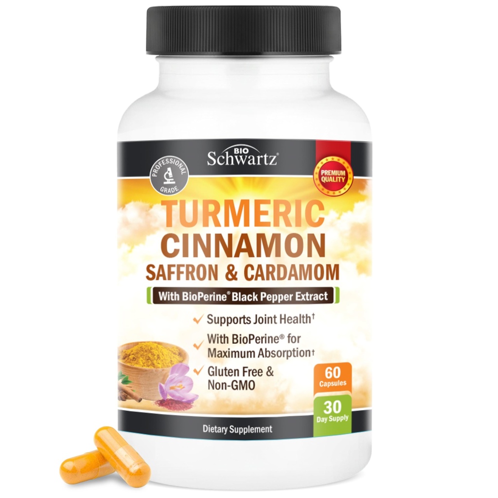 Suplemen Turmeric dengan Saffron, Cinnamon dan Cardamom Plus BioPerine Black Pepper Ekstrak untuk Absorpsi Optimal, Curcumin Tumeric Natural Dukungan Bersama Suplemen Perempuan dan Pria, 60 Kapsul