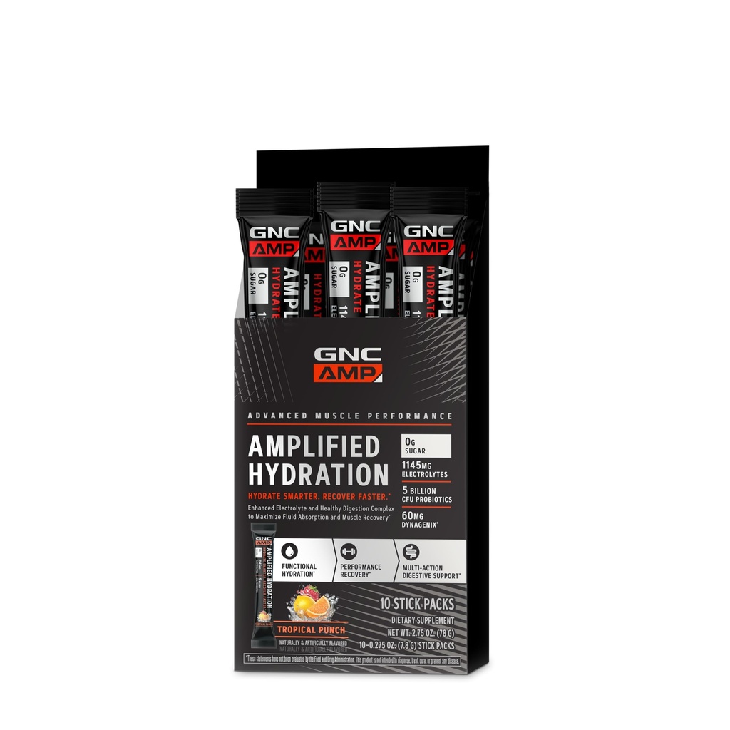 GNC AMP amplified Hydration Electrolyte Powder Drink Mix 124; Enhanced Electrolite & Heally Divalry Kompleks; Tropical Punch 124; 10 Count