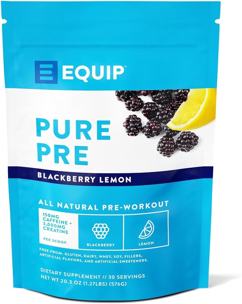 Equip Foods Pure Pra All Natural Pre-Workout Powder 124; Green Tea Caffeine, Sea Salt, EAA, Vadain C, B6, B12, L-carnitine, Agnine 124; Biasanya Boosts Workout 124; 30 Pegawai, BlackBerry Lemon Caffeinated