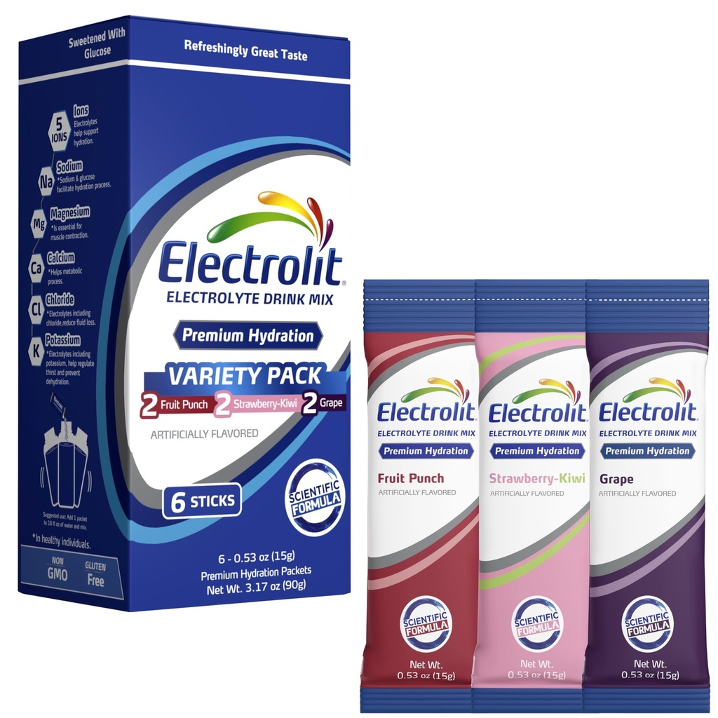 Electrolit Electrolytes Powder Packet, Variety 8 Pack, Pounced Hidration Package for Dehydration & Rehydration, Post Workout Flavored Hydrating Drum Mix, Gluten Free Water Enhancer Sticks