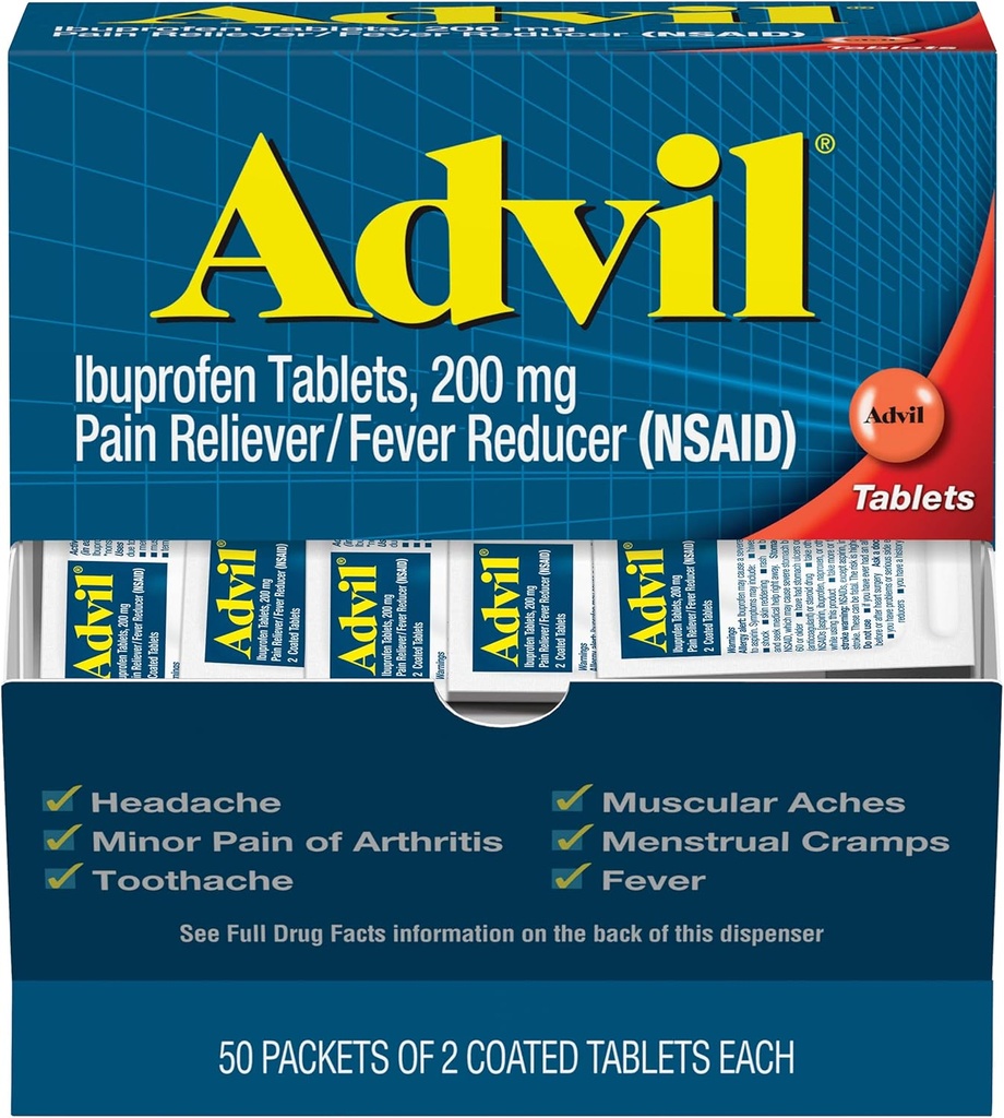 Advil Ibuprofen, 200mg, 50 Paket dari 2 tablet berlapis (Paket 5)