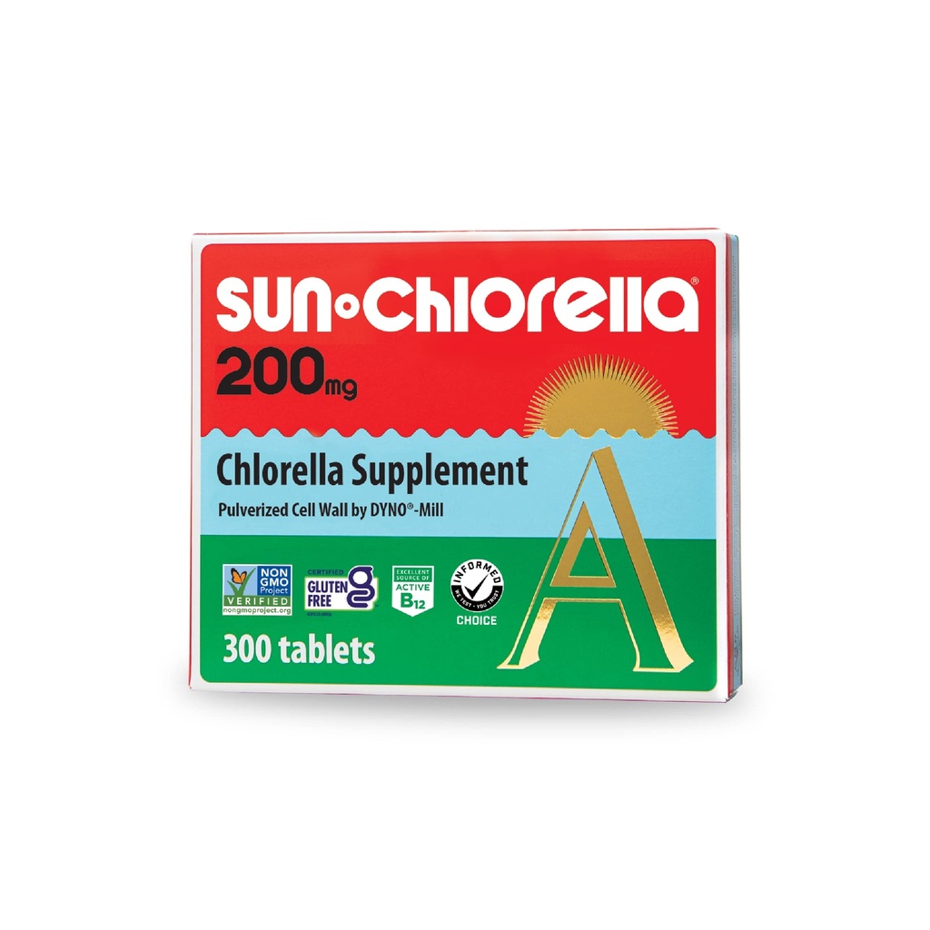 Sun Chlorella 200 mg Green Algae Superfood Suffood Suplemen - Pulverized Cell Wall - Chlorofil, CGF, Aktif B12, Besi, Protein - Non-GMO - 300 Tablet