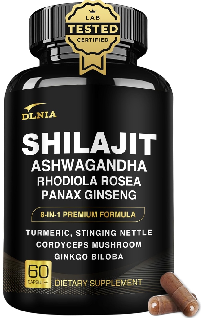 8-in- 1 Shilajit untuk Pria & Perempuan dengan Ashwaganda Himalaya Suplemen Organik dengan Rhodiola Rosea, Ginseng, Turmeric, Mushroom, untuk Imune Dukungan, Energi, Tenang, Kejelasan, Tidur, Cortisol