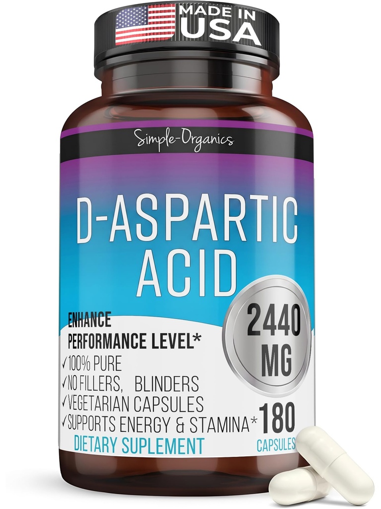 Kaibro Nutra D-Aspartic Acid Suplement for Men, 2440mg D- Aspartic Acid per Serving, Energy & Testosterone Dukung, Gluten- Free Non-GMO, 180 Vegan Capsules