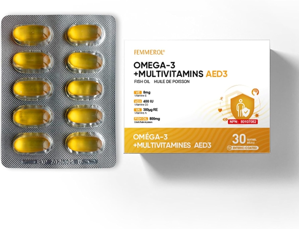 Multivitamin dengan Omega-3, Multivitamin untuk Perempuan dan Pria, Entertaic Coated Fish Oil DHA / EPA dengan Vitamin A, Vitamin E dan Vitamin D3 untuk Dukungan Aktiune (1 Box _ 30 Softgels)