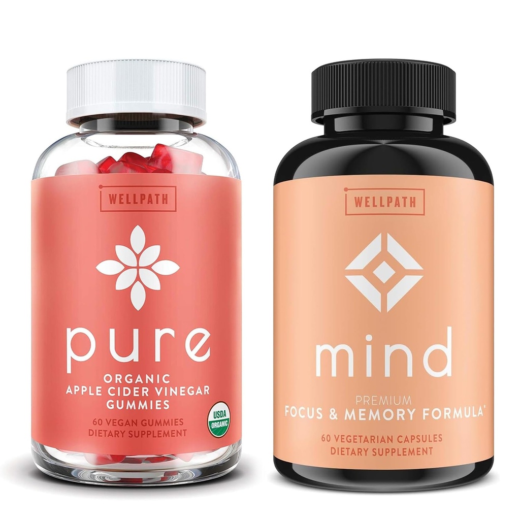 WellPath Murni Apple Cider Vinegar dengan Ibu Gummies & Mind Otak Suplemen dengan Mane Singa - Mendukung Fokus & Memori, 60 Ct Masing-masing