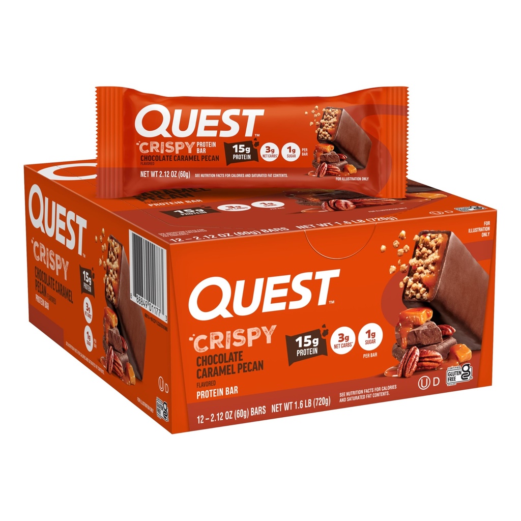 Quest Nutition Crispy Chocolate Caramel Hero Protein Bar, 15g Protein, 1g Sugar, 3g Net Carb, Gluten Free Protein Snack, Keto Friendly, 12 Count