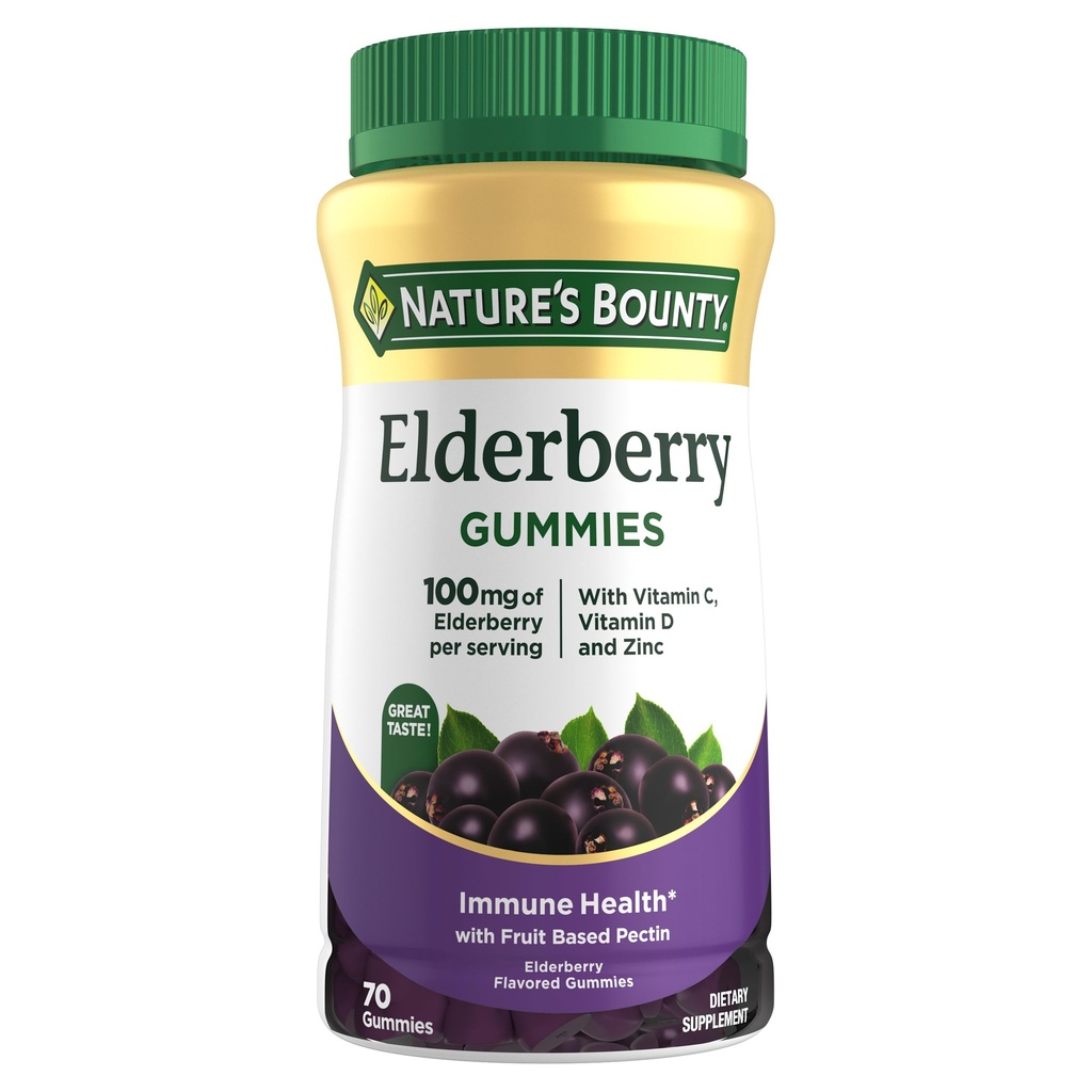 Nature 's Bounty Elderberry Gummies, Dietary Supplemen, Support Immune Health, Berisi Vitamin A, C, D, E dan Zinc, 100 mg, 70 Gummies