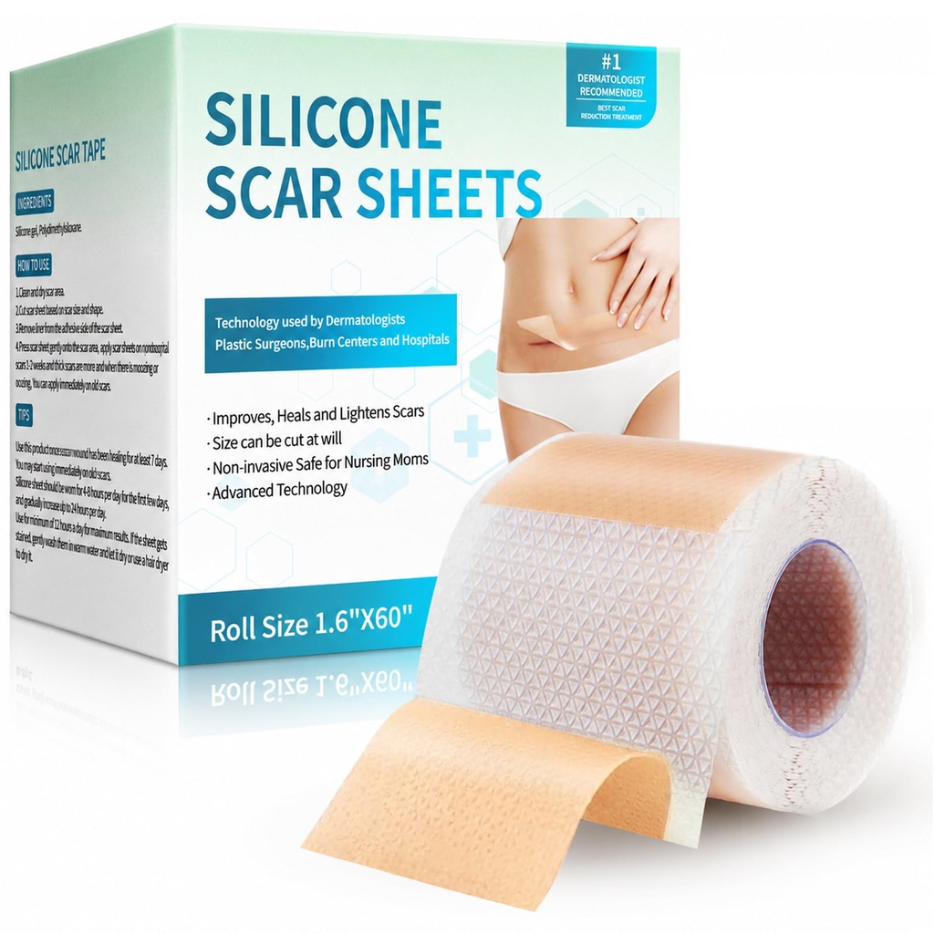 Silicone Scar Sheets, Silicone Scar Tape (1.6 "x 60" Rolls-1.5M), Scar Strips, Scar Removal Profesional Sheets for Surgical Scar, Keloid, C-Section, Burn et