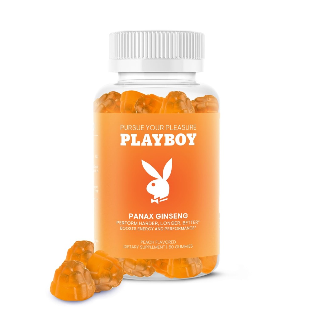 Playboy - Ginseng Gummies (60 Count - Peach Flavored) - Lakukan Lebih keras, Longer, Lebih Baik - Panax Ginseng Pendukung untuk Pria dan Wanita - 100% Alam, Vegan Non GMO Ginseng Root 6: 1 Ekstraksi