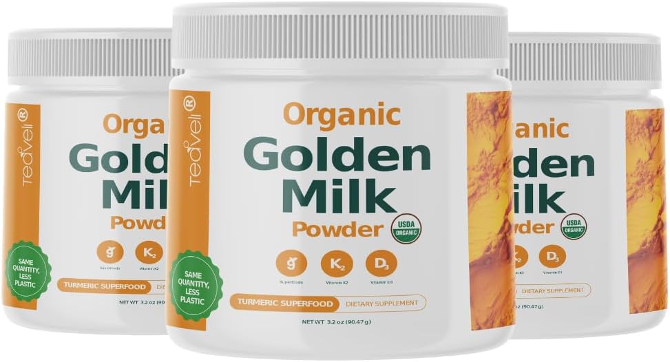 Bubuk Susu Emas Organik dengan Vitamin D3 & K2, Turmeric, Ginger, Curcumin, Cinnamon, KSM66 Ashwagandha, Basil & Natural Prebiotics-- Delicious Unsweated Turmeric Tea Latte - 3 Pack