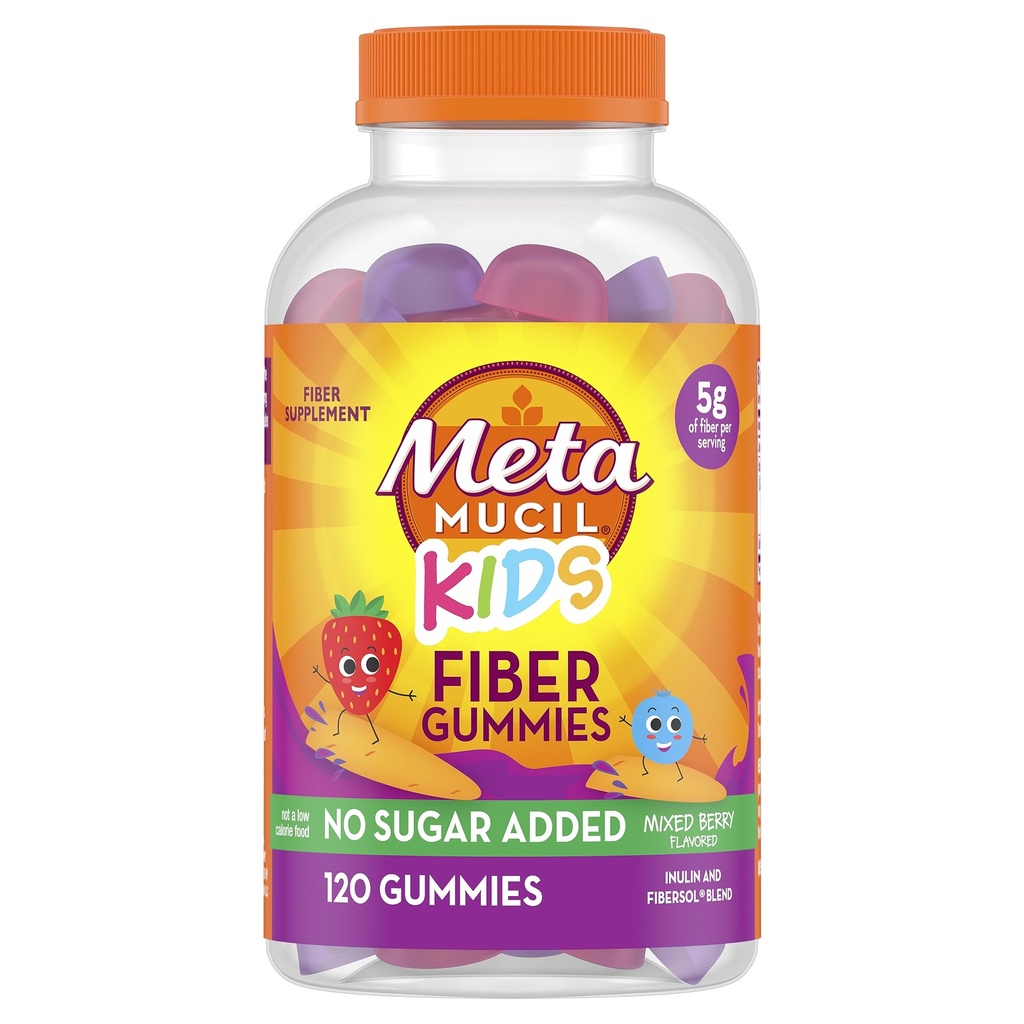 Metamucil Kids Fiber Gummies, No Sugar Added, 5g Prebiotic Plant - Based Fiber Suplemen Blend, Mixed Berry Flavored, 120ct Gummies