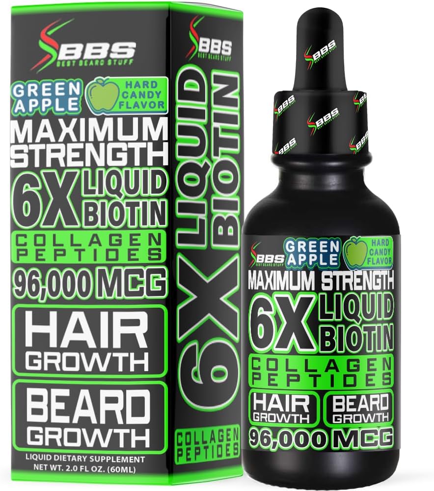 Liquid Biotin Collagen Peptides for Beard Growth and Thicking - Men 's Beard and Hair Growth Suplement - Biotin Liquid Drops 96000mcg 6X More Absorpsi