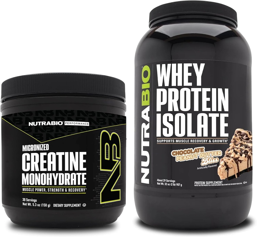 NutraBio Creatine Monohydrate, Unfeatored, 150g and Whey Protein Isolate, Chocolate Peanut Butter, Suplemen Bundle - Energi Otot Lean, Pertumbuhan Otot, Pemulihan, dan Kekuatan