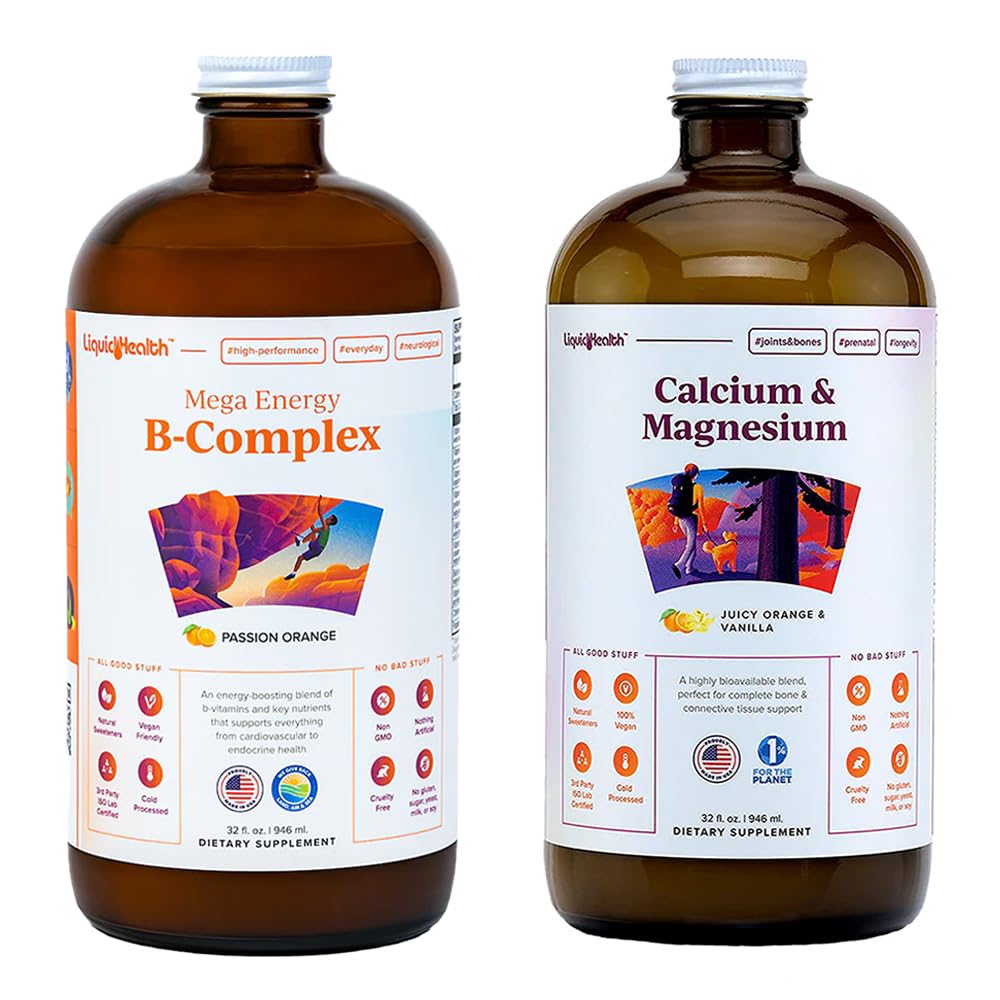 LIQUIDHEALTH Energy B-Complex & Calcium dan Magnesium Liquid Bundle untuk Orang dewasa - Naikkan Tingkat Energi Alam, Dukung Bone & Joint Health, Boost Immune System - Vegan, Non-GMO, USA Made