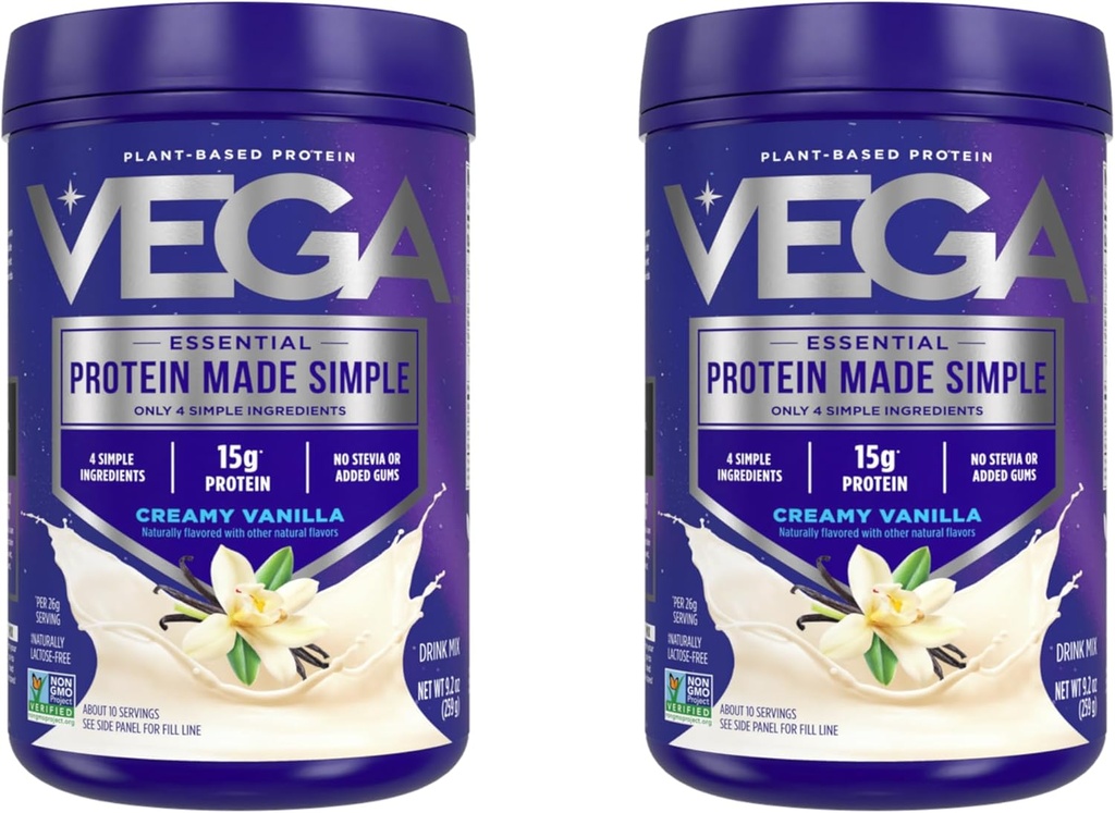 Vega Protein Membuat Powder Protein Sederhana, Vanilla - Stevia Bebas, Vegan, Tanaman Berbasis, Sehat, Gluten Bebas, Pea Protein untuk Perempuan dan Pria, 9.2 oz (Packing May Wary) (Pack of 2)