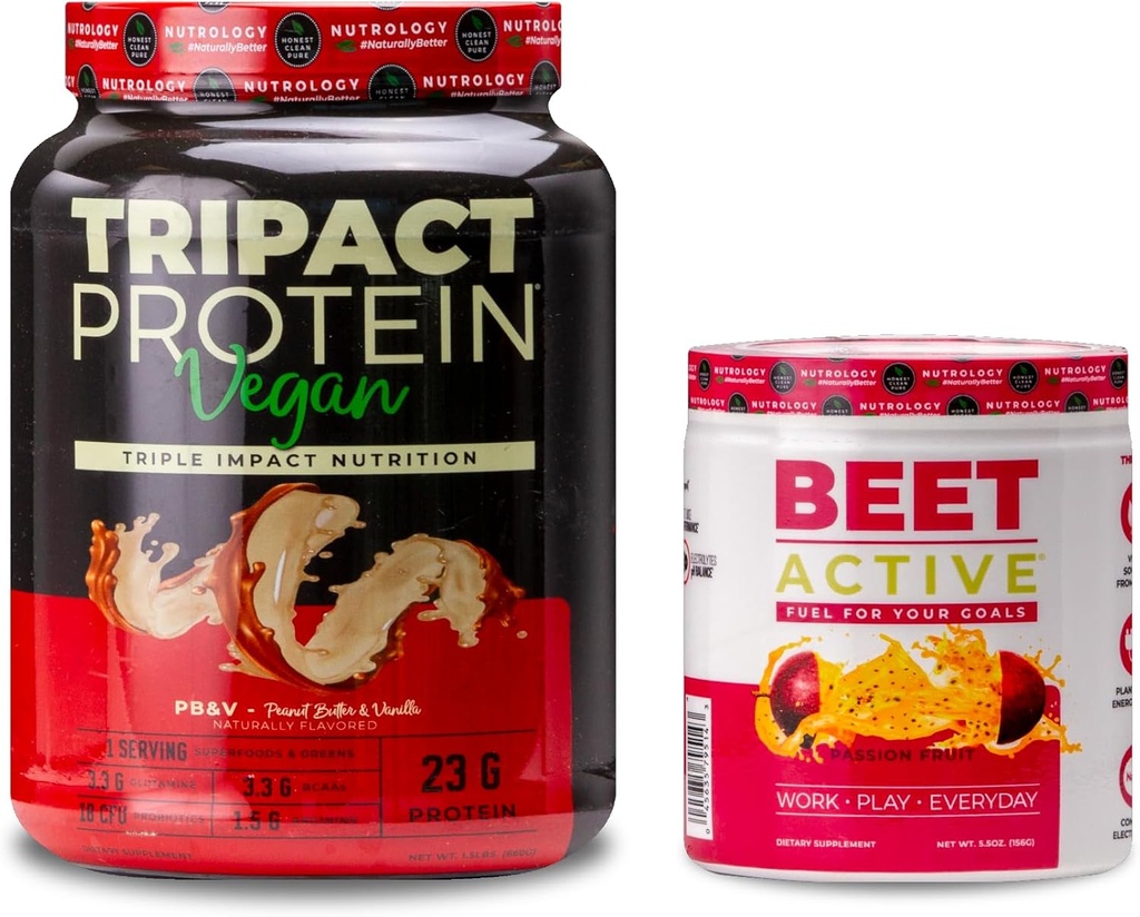 Nutrologi TRIVAT Vegan Protein Powder, untuk Vegan Protein Shakes, Peanut Butter Vanilla (20 Pelayan) & Beet Active, Natural Preview Powder, Passion Fruit Flavor (30 Pelayan)
