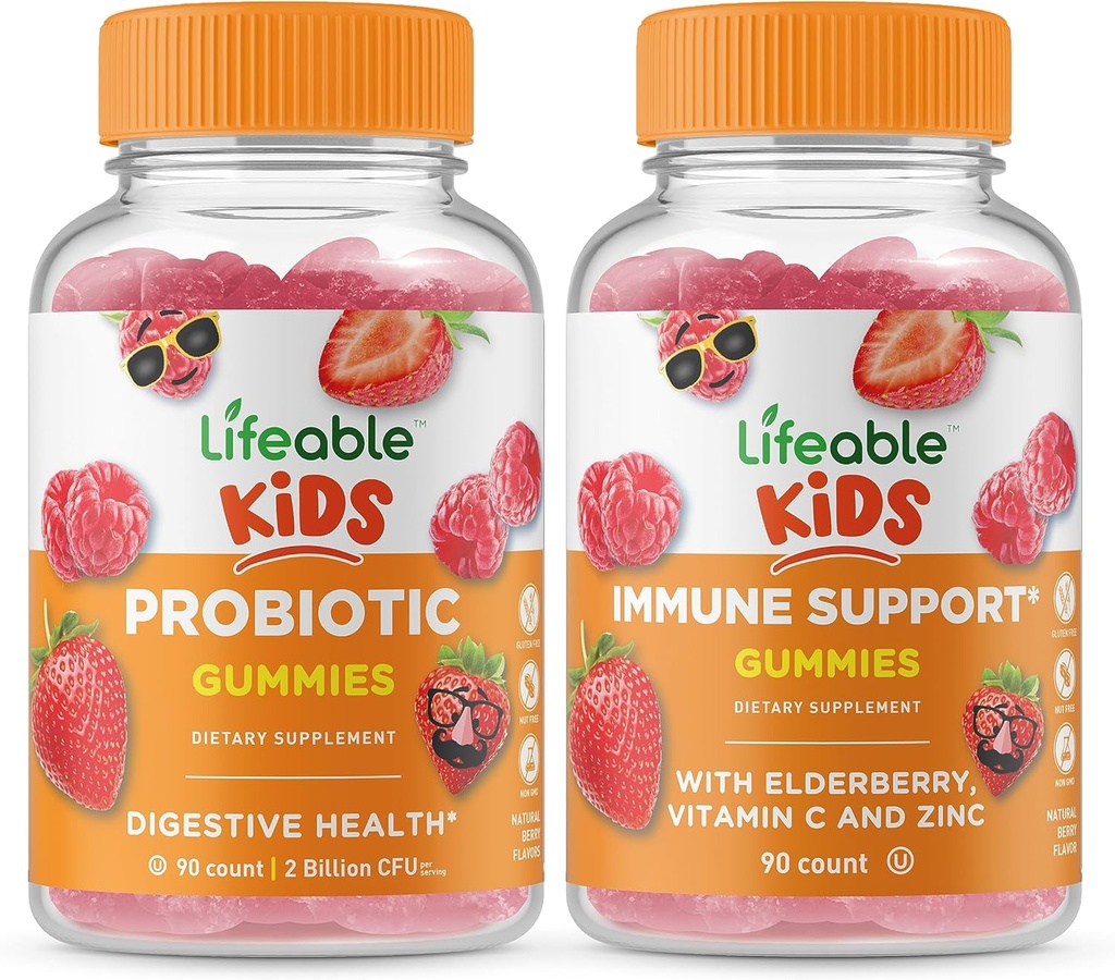 Probiotik Lifeable 2 Miliar CFU Kids + Imune Duck Kid, Gummies Bundle - Tasting Great, Vitamin Suplemen, Gluten Free, GMO Bebas, Gummy Chewable