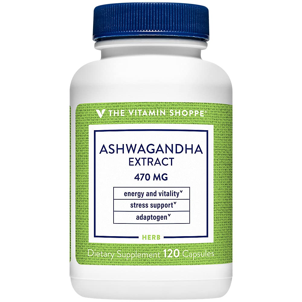 The Vitamin Shoppe Ashwagandha Ekstrak 470MG - Herbal Suplemen Yang Menyediakan Energi & Vitalitas, Membantu dengan Manajemen Stres (120 Kapsul)
