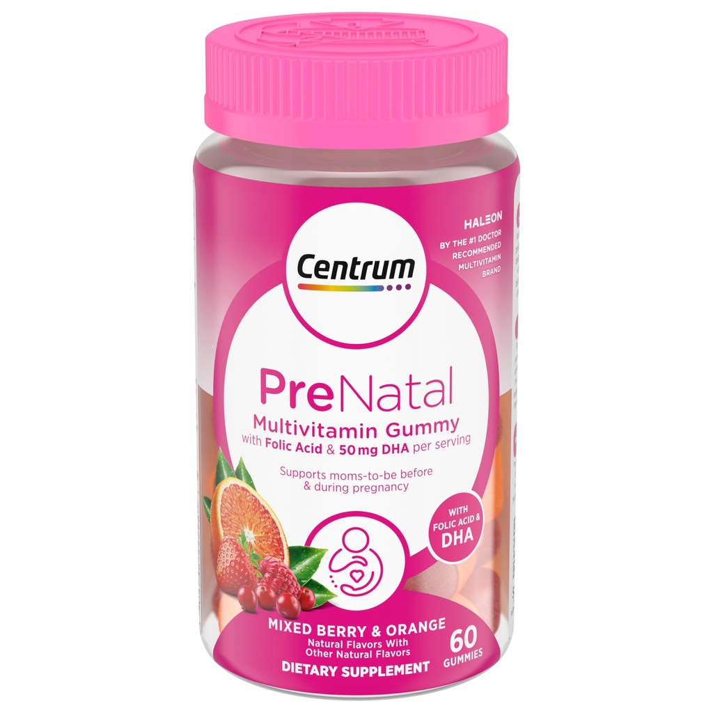 Sentrum Prenatal Multivitamin Gummies dengan DHA dan Folic Acid, Mixed Berry dan Orange Flavors - 60 Count, 30 Hari Suppply