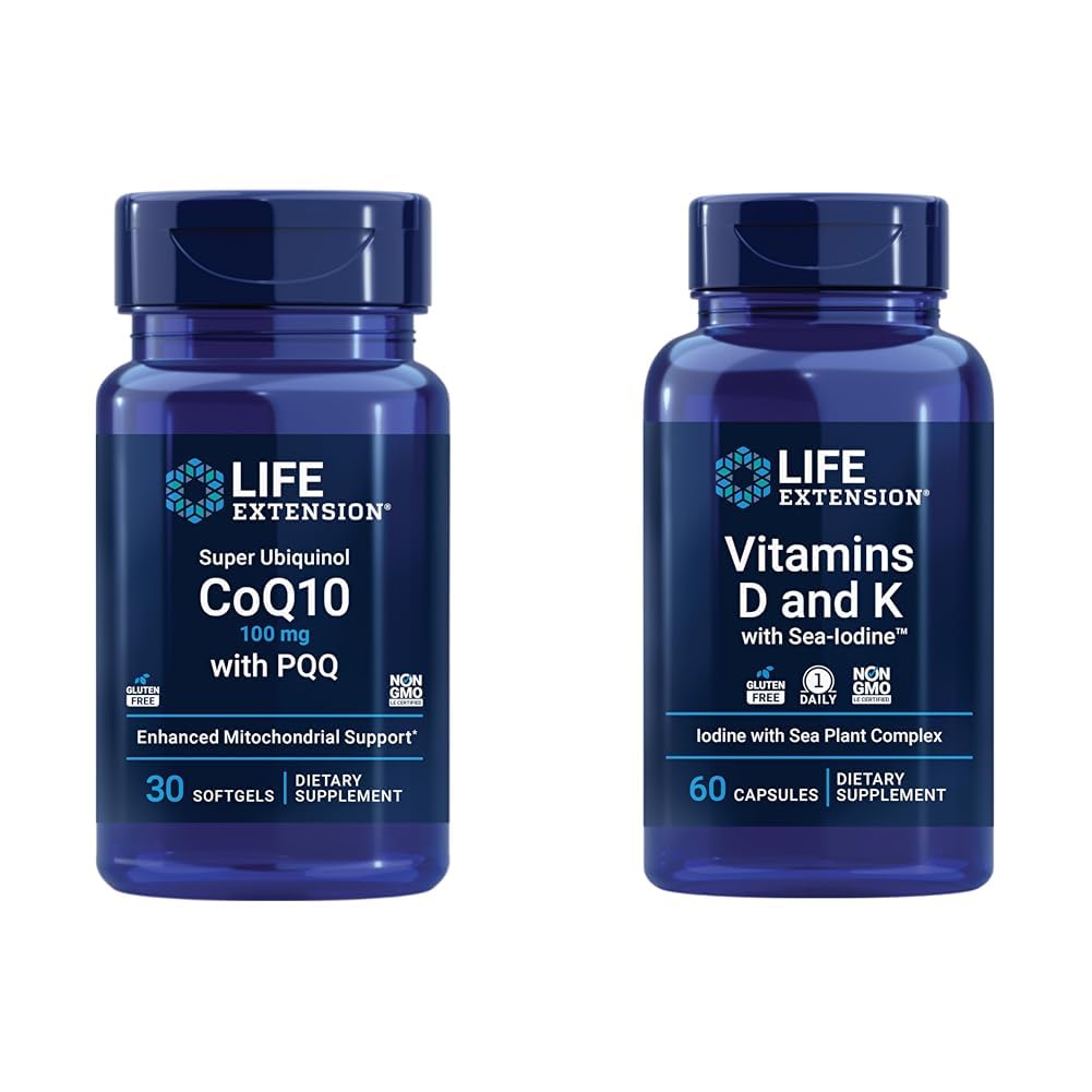 Ekstensi Hidup Super Ubiquinol CoQ10 dengan PQQ, CoQ10, PQQ & Vitamin D dan K dengan Se- Iodin, vitamin D3, vitamin K1 dan K2