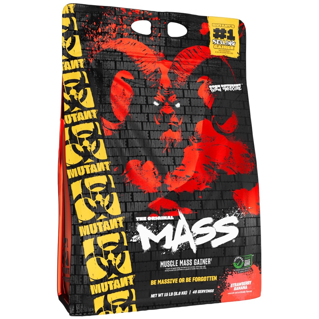 Mutant Mass Wearout Shakes, Smoothies, and Whey, and Casein Protein Blend for High- Calorie Workout Shakes, Smoothies, and Minds, 15 lb - Strawberry Banana