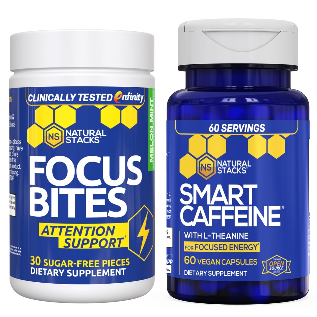 STAK NATURAL Smart Caffeine + Focus Bites Bundle - Caffeine & Paraxanthy Suplemen - Supports Energy & Focus * - No Jitters or Crash - 90 Pieces