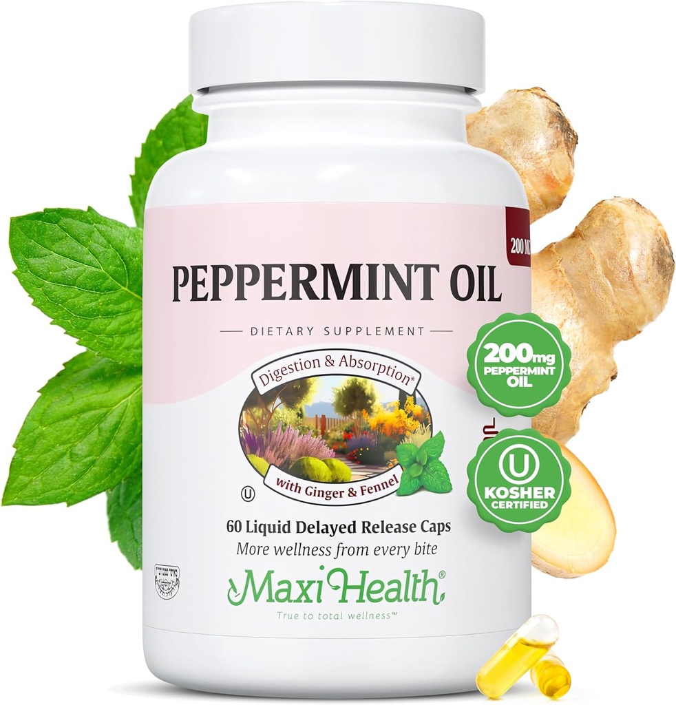 Maxi Health Peppermint Oil Capsules - Organic Ginger Oil & Fennel Delayed Release Capsule - Diet Ingestable Suplemen Kosher Peppermint untuk Dukungan Digetives (60 Capsules)