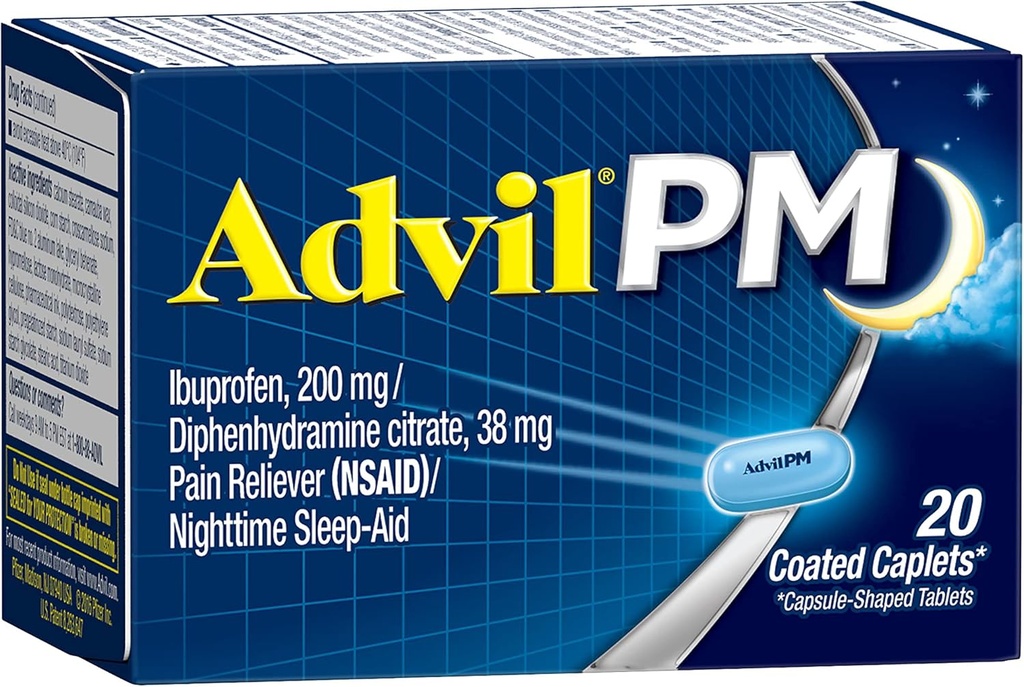 Advil PM (20 Count) Pain Reliever / Nighttime Sleep Aid Coated Caplet, 200mg Ibuprofen, 38mg Diphenhydramine