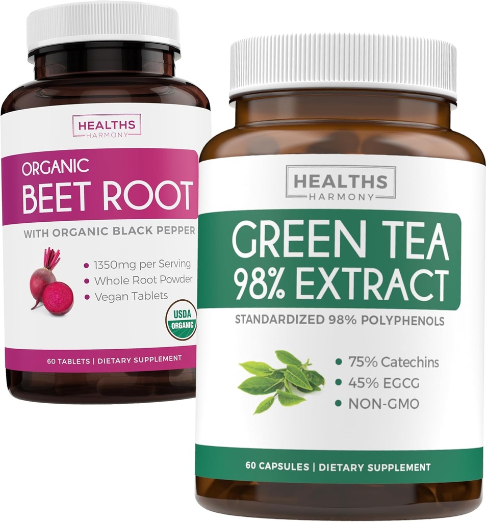 Bit Root & Green Tea Extract (1 - Bulan Suply) Detox Power Duo - Root Beet Organic Beet with Black Pepper untuk Absorpsi 1250mg (60 tablet) & Green Tea Extract 98% dengan EG1000mg per servis (60 caps)