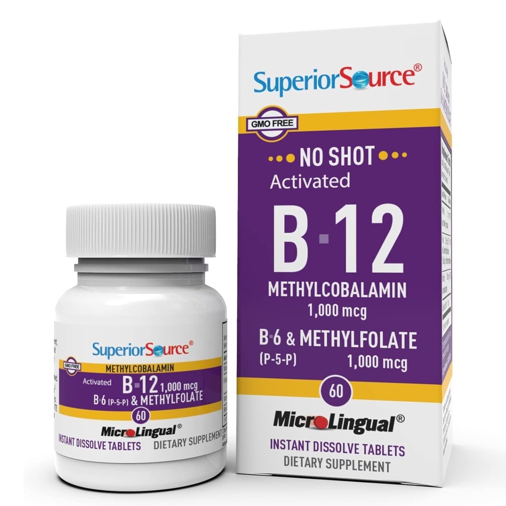 Sumber Superior No Source Shot Vitamin B-12 Methylcobalamin 1000 mcg, B-6, & Methylfolat 1000 mcg - Pasokan Energi, Otak, dan Kesehatan Jantung - Friendly - 60 Sublingual Dissoling tablet