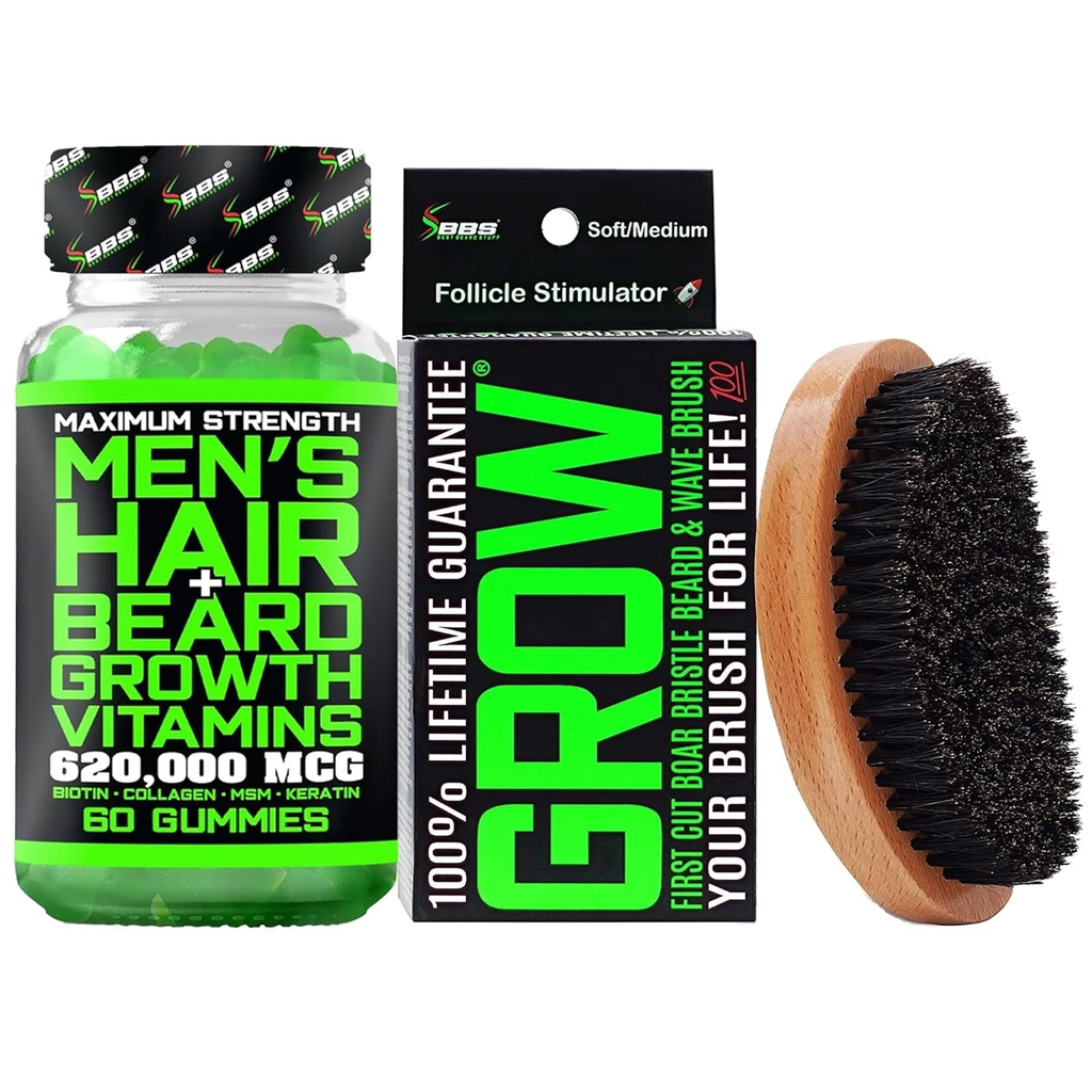 Beard Growth Kit w / 620.000mcg 14- 1 BilOTIN Gummies / Beard Growth Vitamin & Hair Growth untuk Men + 100% Lifetime Penggantian Pertama Potong Boar Bristle Brush & 360 Gelombang Brush untuk Pria