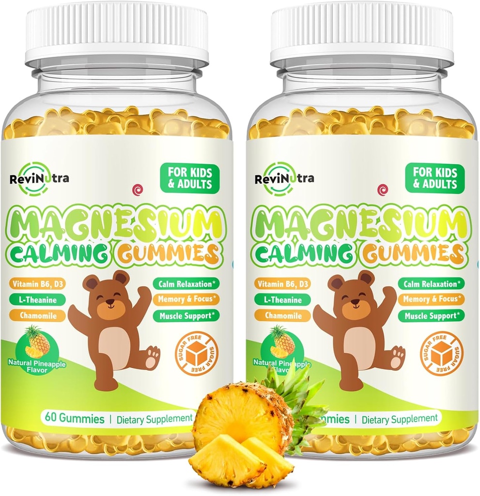 Magnesium Gummies for Kids - Magnesium Glycinate Gummies Supplement with L- Theanine, Vitamin B6, D3 for Dewata & Kid, Calm Magnesium for Sleep, Relaxation, Brain, Bones, Sugar Free Pineapple 120ct
