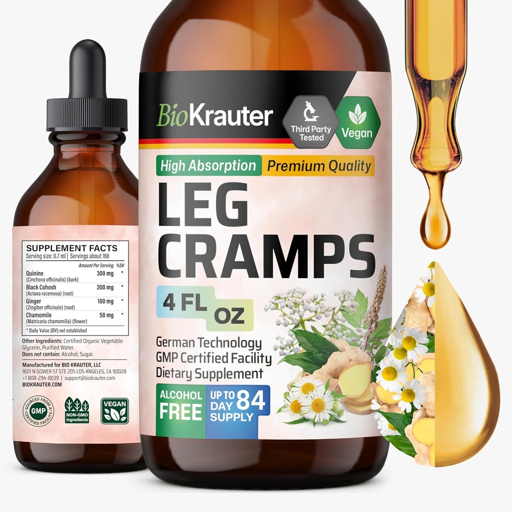 BIO KRAUTER Leg Cramps dengan Quinine - Ginger & Chamomile Liquid Extrates for Leg Cramps - Alkohol Alam & Gula Free Formula - Vegan Drops 4 Fl.Oz.