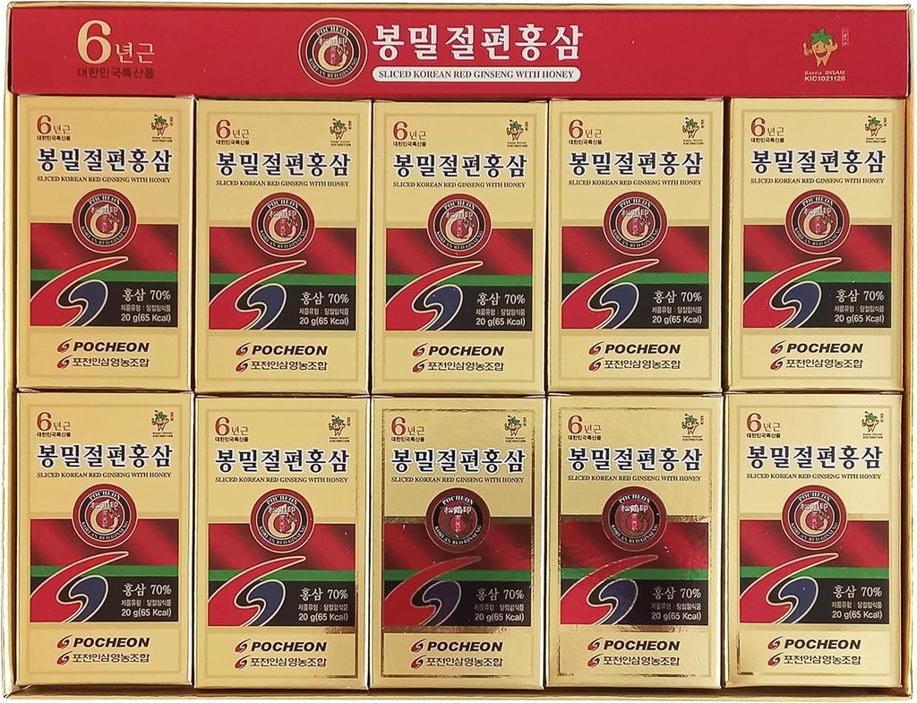 Pocheon 200g (10ea X 20g) 6Years sliced Korean Panax Red Ginseng Roots with Honey, Saponin, Natural Immune Support