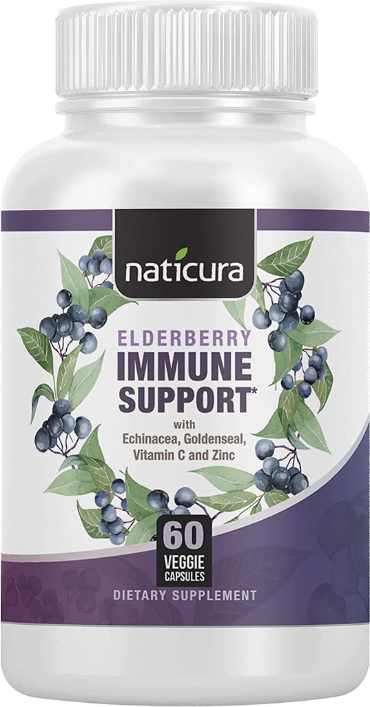 Elderberry Immune Suplemen Harian untuk Pria dan Wanita - Vitamin C, Zinc, Goldenseal, Echinacea dan Elderberry - 60 Capsules, 5- 1 dengan Pregories dan Progres - Dibuat di Amerika Serikat