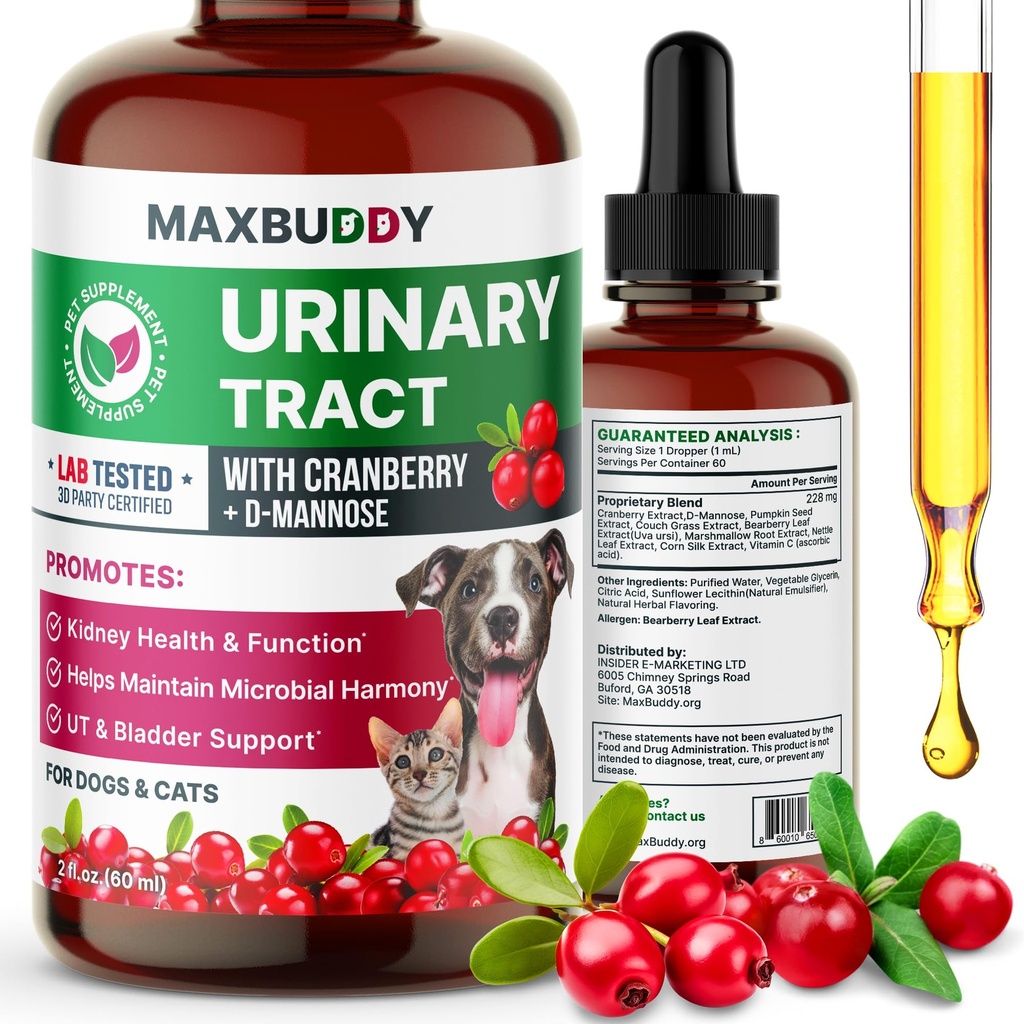 Dukungan Treatment Natural UTI MaxBuddy - Cranberry Urinary Tract Care & Prevention Assistance for Cats and Dogs - Ginney & Bladder Wellness Supplemen - Dukungan untuk Urine Flow