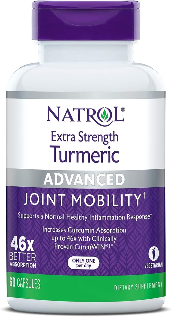 Natrol Ekstra Turmeric, Tambahan Dietary untuk Kesehatan Gabungan, Suplemen Turmeric untuk Dewasa, 60 Kapsul, Sampai dengan Supply 60 Hari